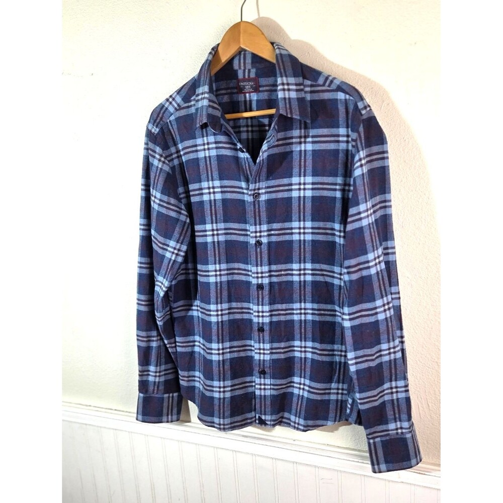 UNTUCKit Barrington Blue Plaid Flannel Shirt Men’s Large Slim Fit 100% Cotton